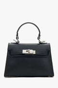 Schwarze Damen-Satchel-Tasche aus Echtleder mit silberfarbenen Beschlägen Estro ER00117929.
