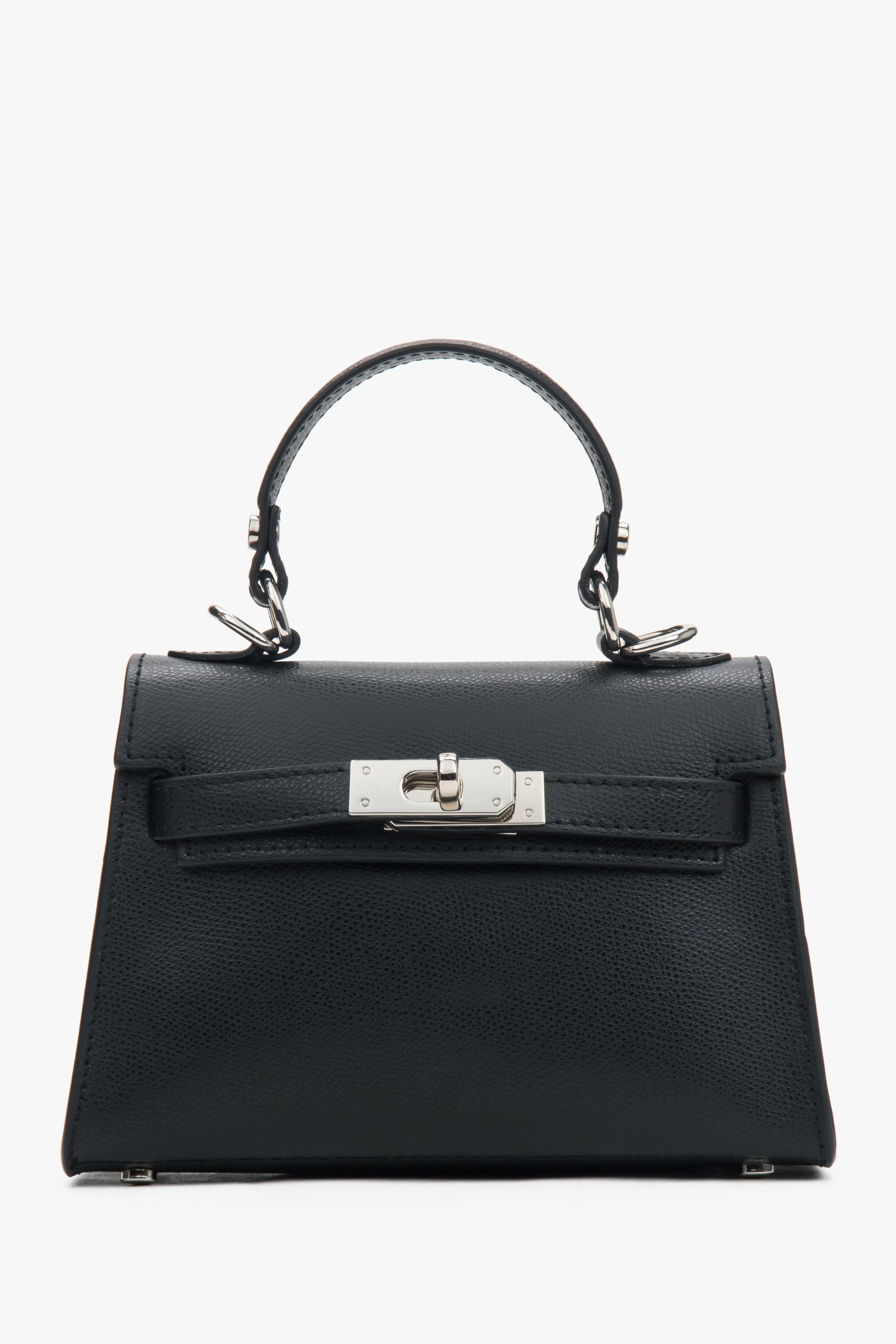 Schwarze Damen-Satchel-Tasche aus Echtleder mit silberfarbenen Beschlägen Estro ER00117929.
