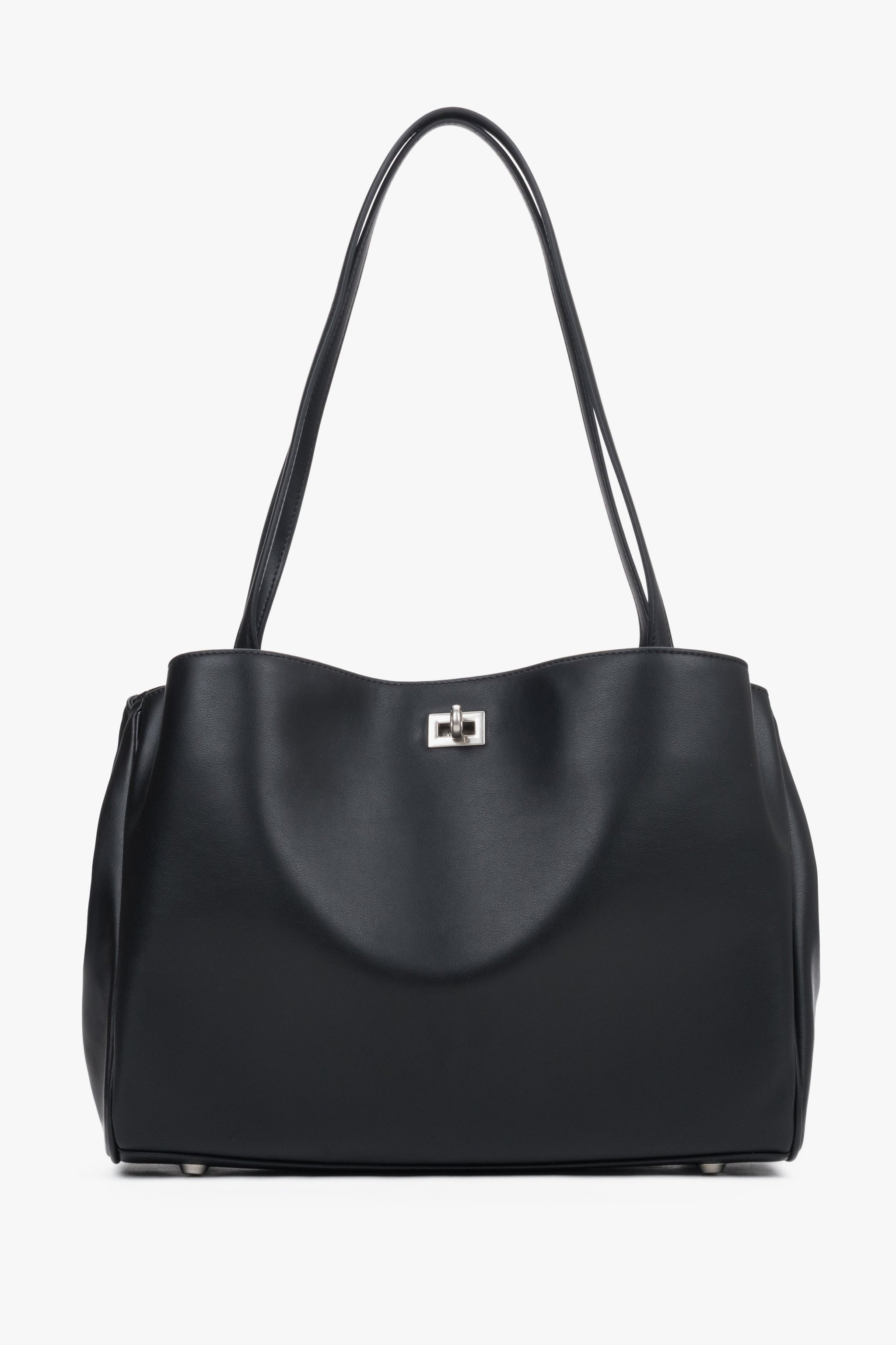 Schwarze Damen-Schultertasche aus echtem Leder von Estro in Frontalansicht