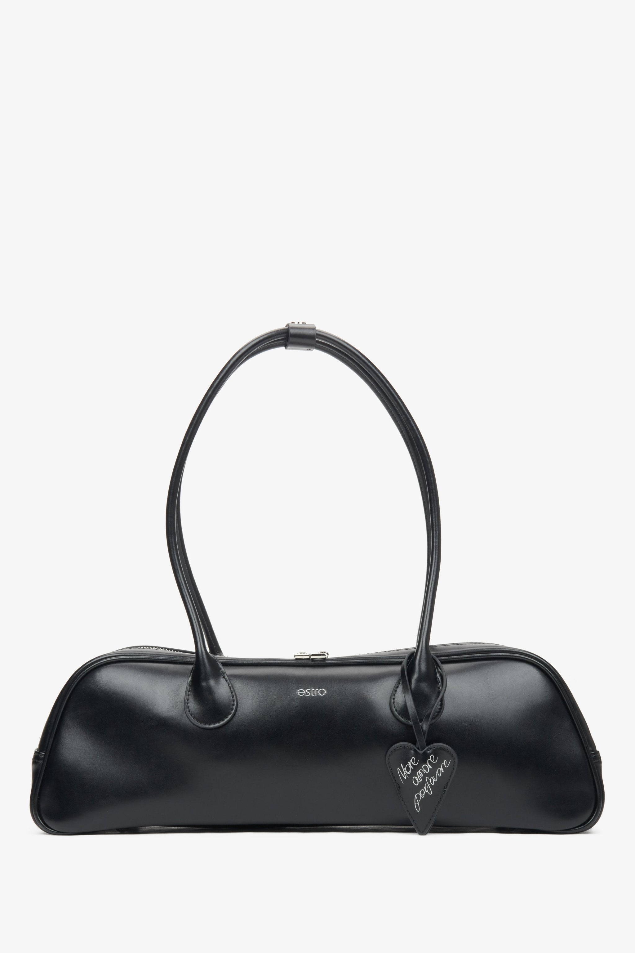Schwarze Damen-Schultertasche aus Leder mit langen Henkeln Estro ER00116260.