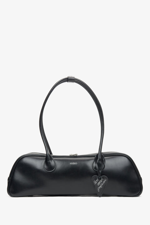 Schwarze Damen-Schultertasche aus Leder mit langen Henkeln Estro ER00116260.