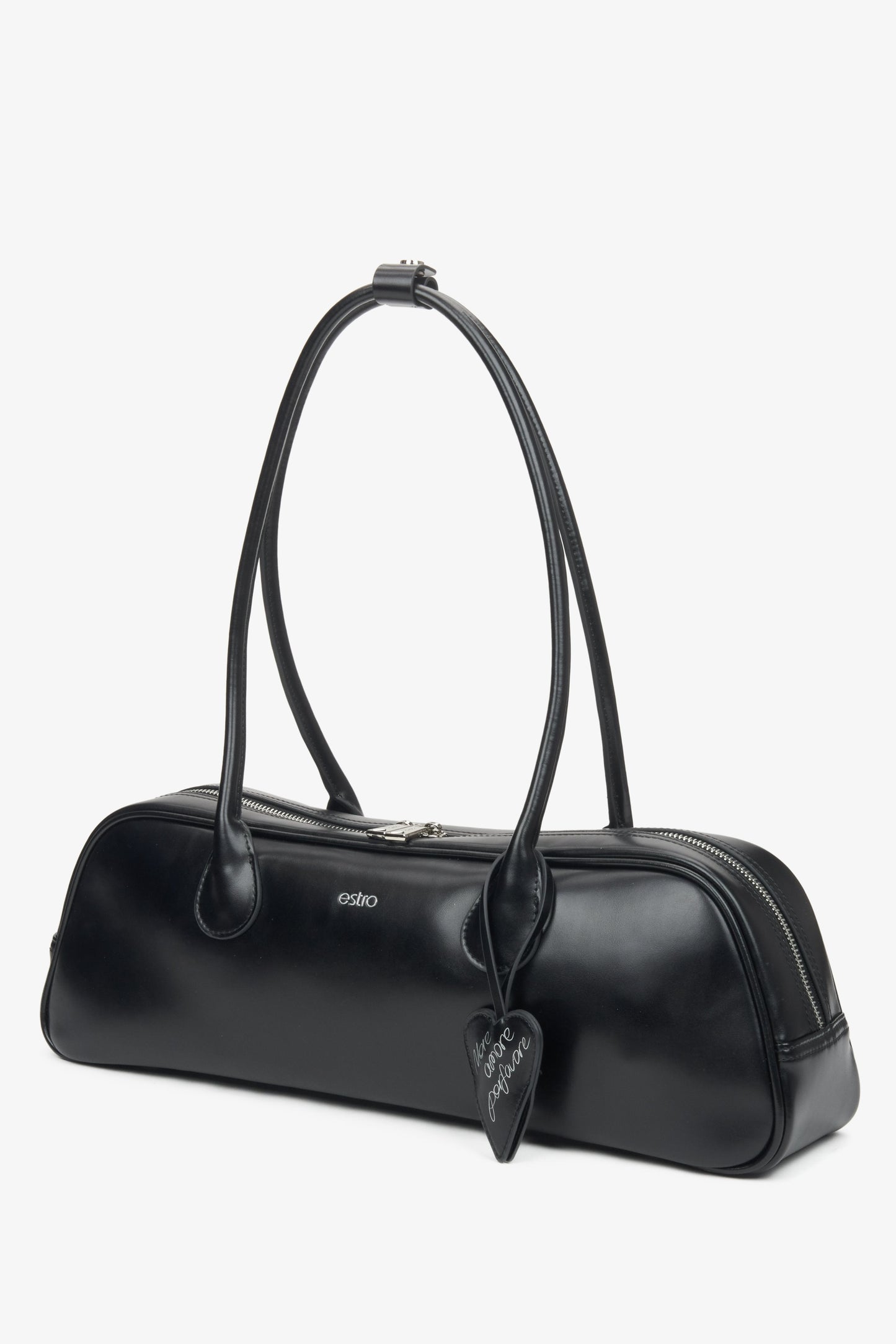 Estro – schwarze Damen-Schultertasche aus Leder mit langen Henkeln.
