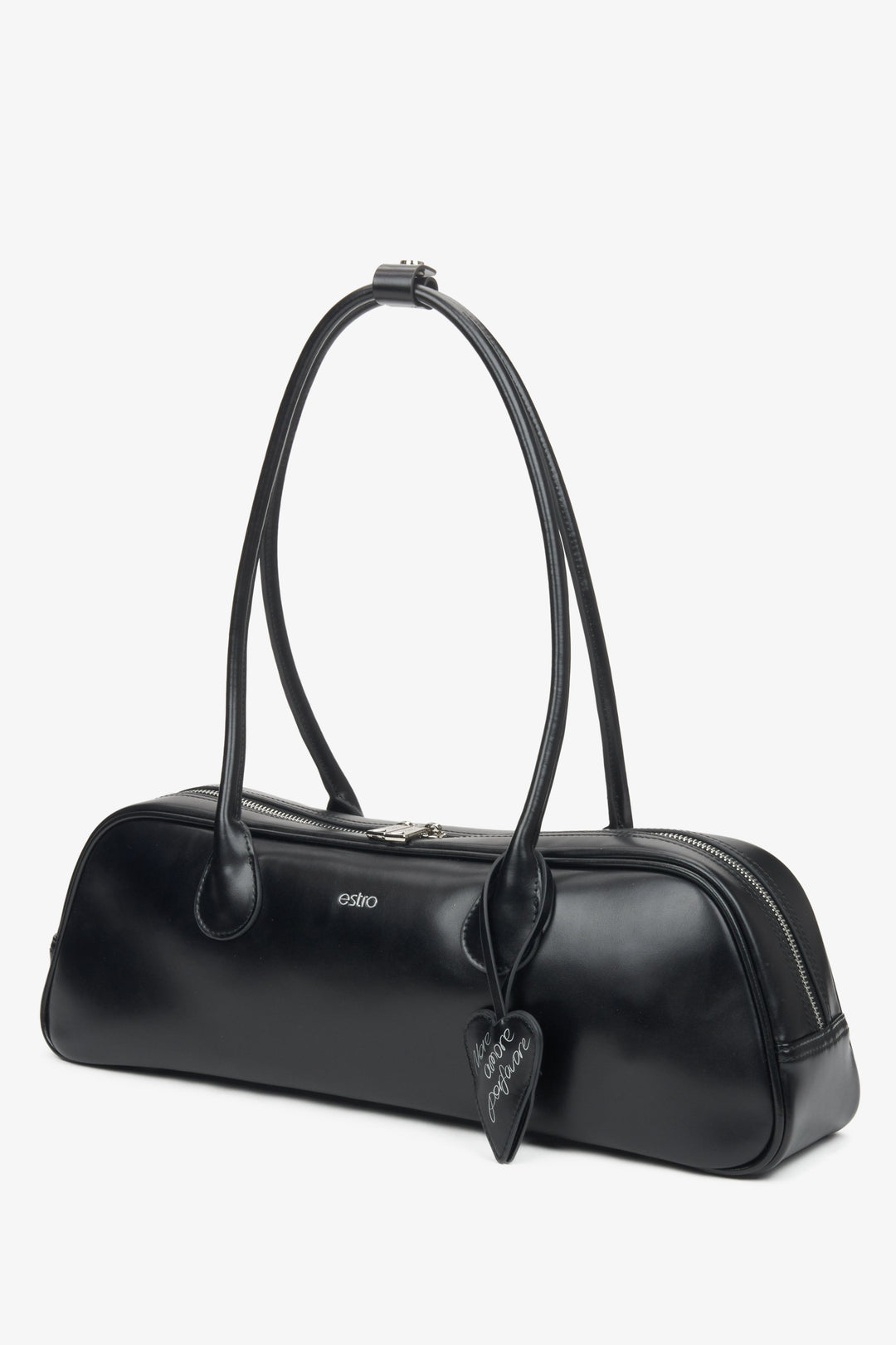 Estro – schwarze Damen-Schultertasche aus Leder mit langen Henkeln.