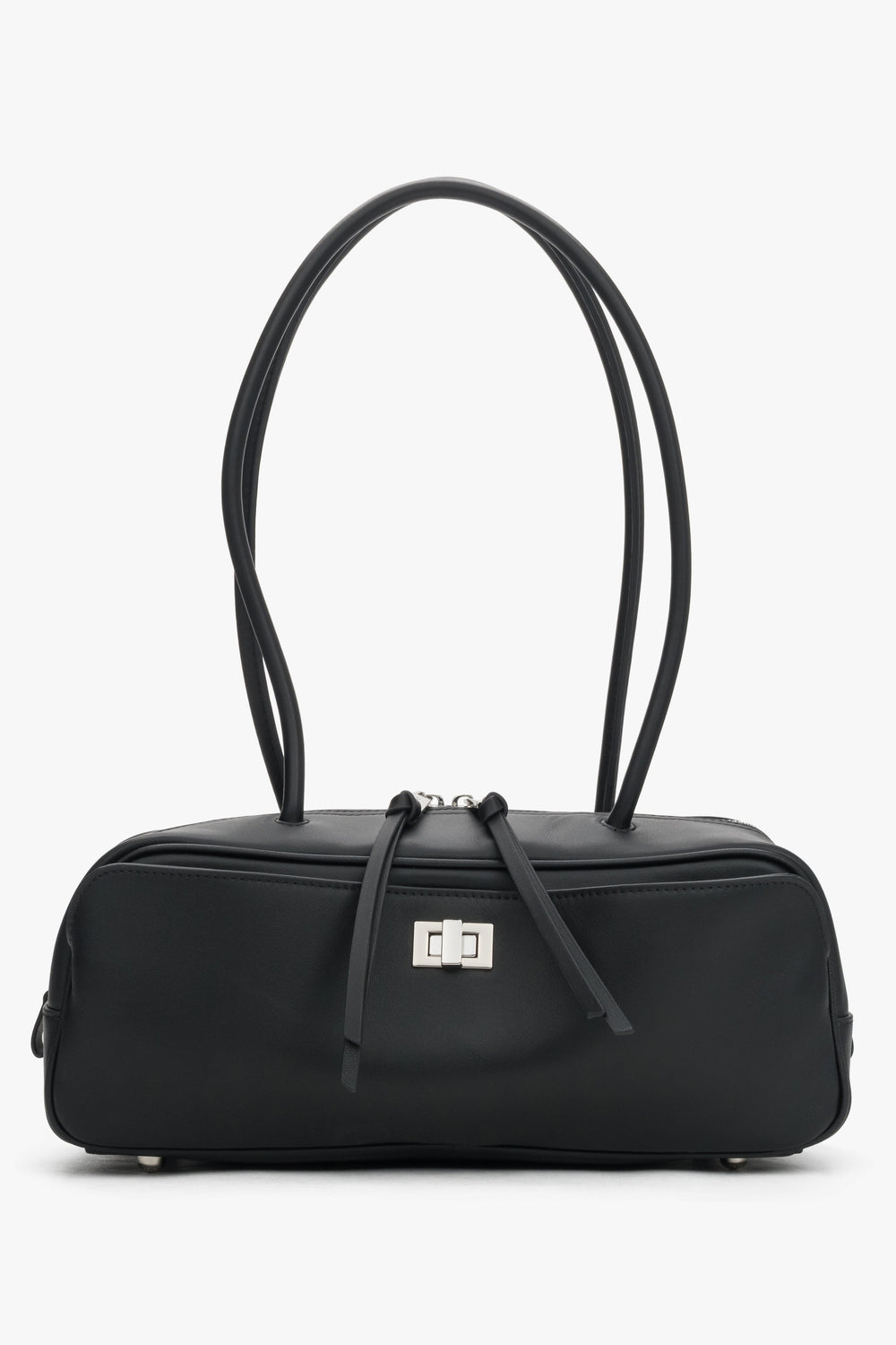 Vorderansicht der schwarzen Echtleder-Schultertasche im länglichen Baguette-Stil.