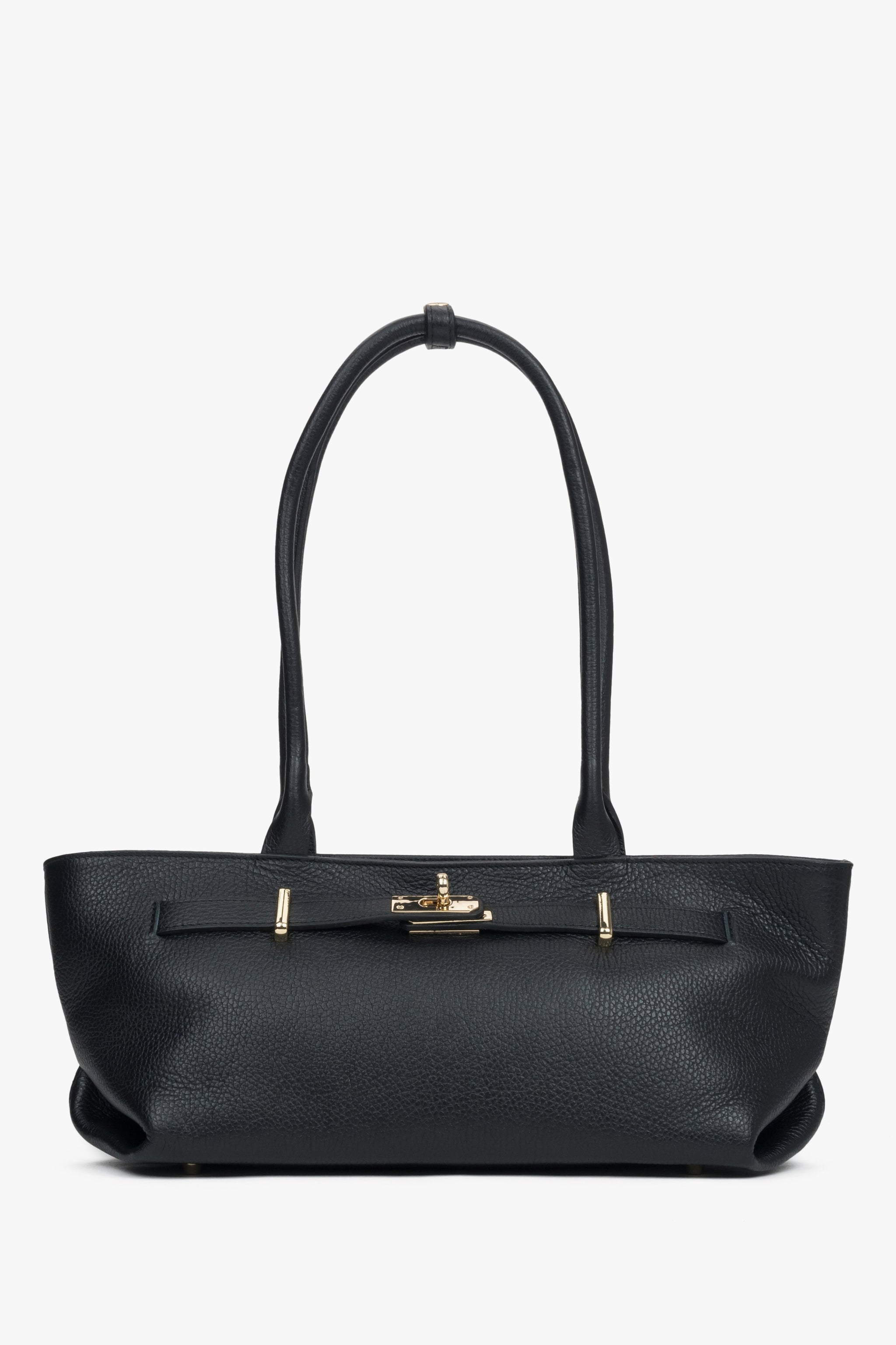 Frontale Ansicht der schwarzen Damen-Schultertasche aus Premium-Echtleder im East-West-Format