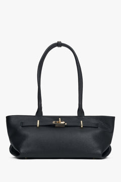 Frontale Ansicht der schwarzen Damen-Schultertasche aus Premium-Echtleder im East-West-Format