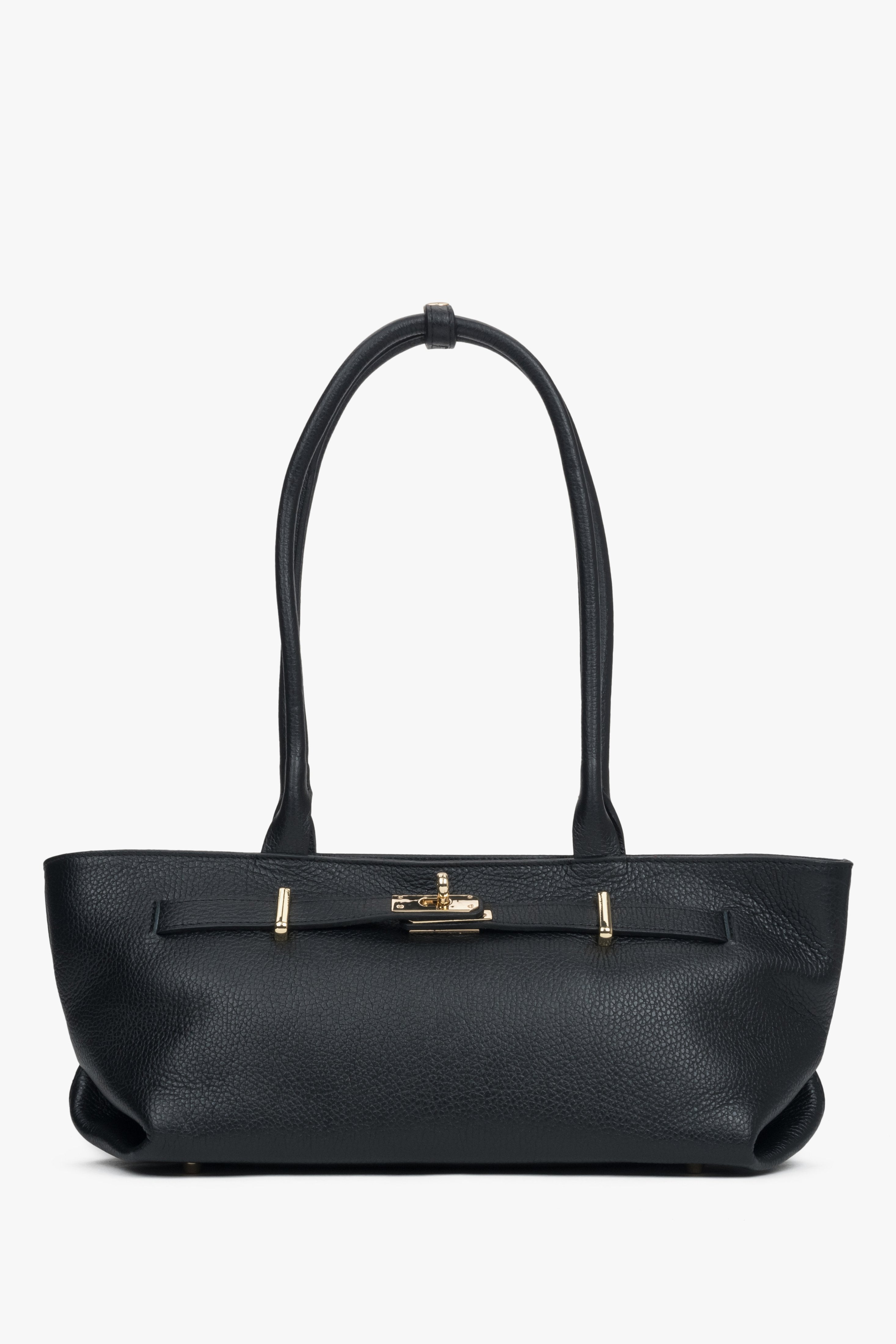 Frontale Ansicht der schwarzen Damen-Schultertasche aus Premium-Echtleder im East-West-Format