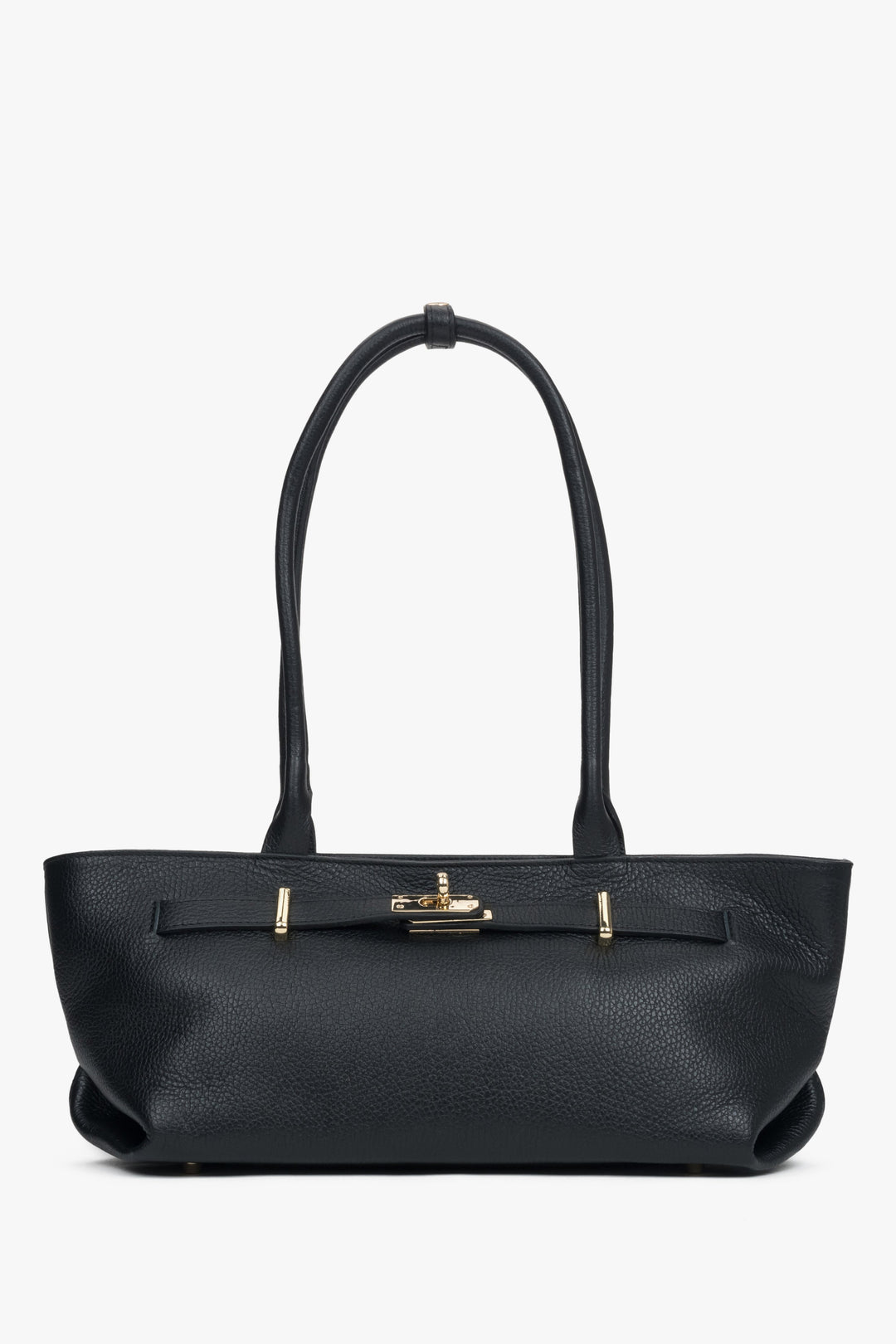 Frontale Ansicht der schwarzen Damen-Schultertasche aus Premium-Echtleder im East-West-Format