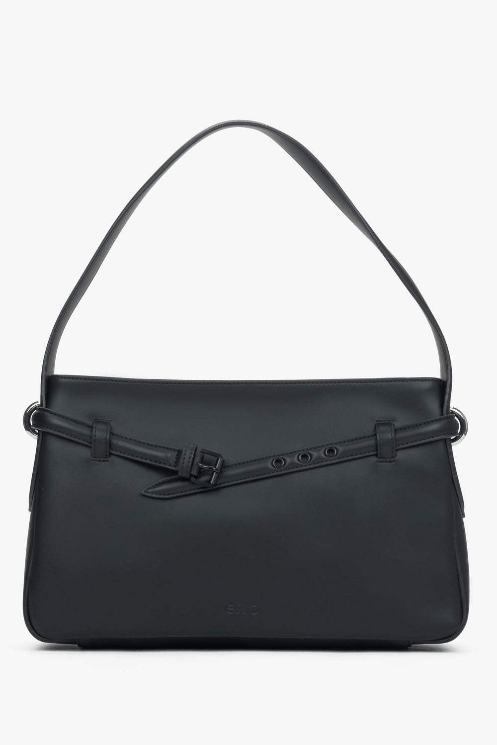Frontalansicht der schwarzen Damen-Schultertasche aus Echtleder mit elegantem Zierriemen.