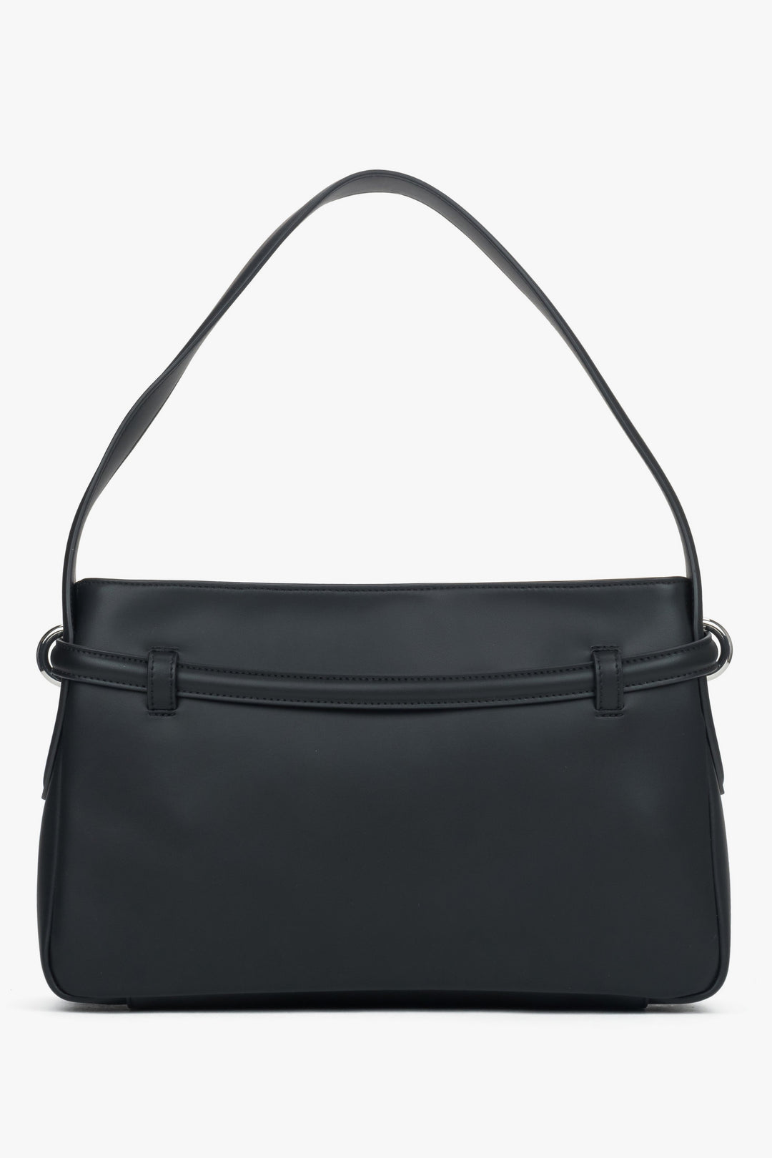 Rückansicht der schwarzen Damen-Schultertasche aus Echtleder mit elegantem Zierriemen.