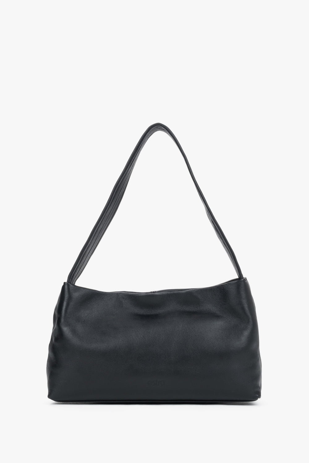 Frontalansicht der minimalistischen schwarzen Damen-Schultertasche aus echtem Glattleder von Estro