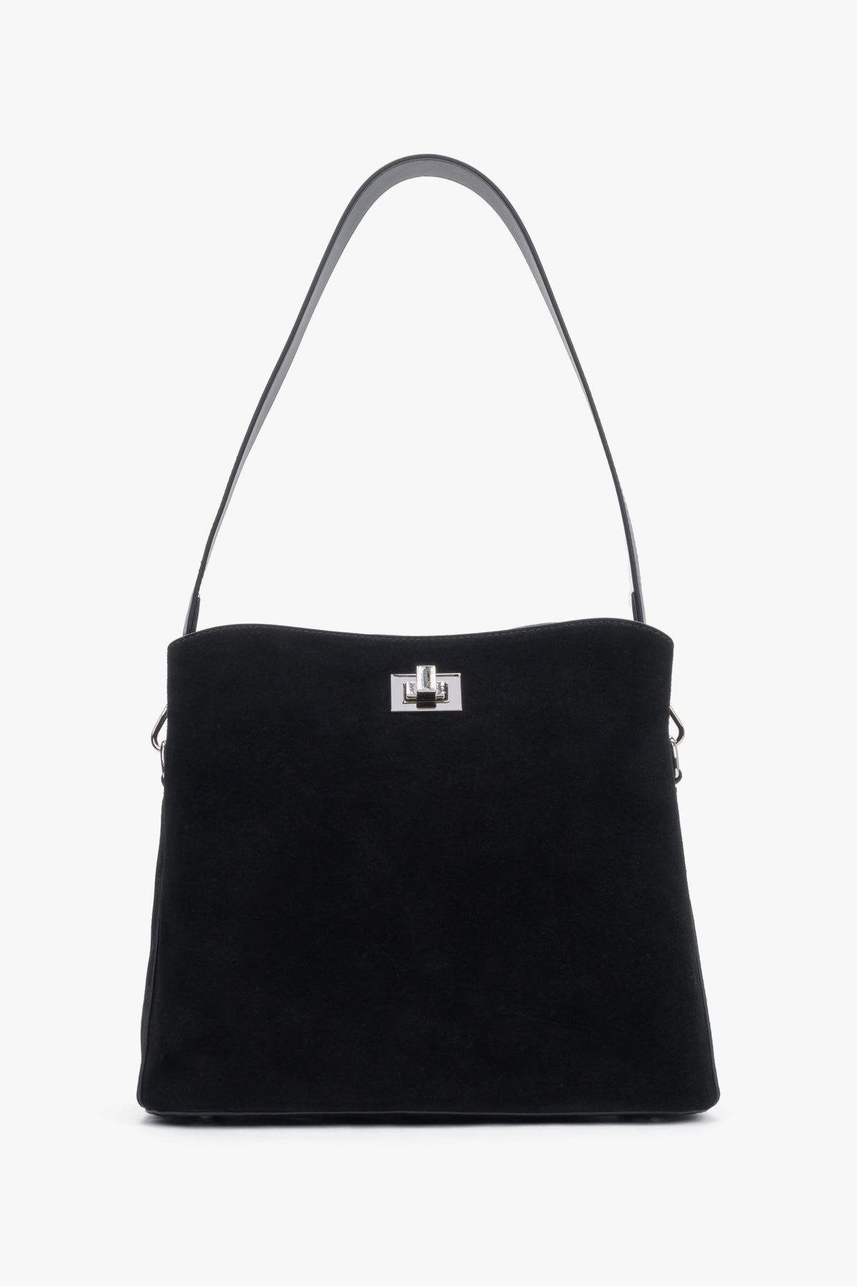 Frontalansicht der schwarzen Damen-Schultertasche aus echtem Veloursleder von Estro mit silbernem Drehverschluss
