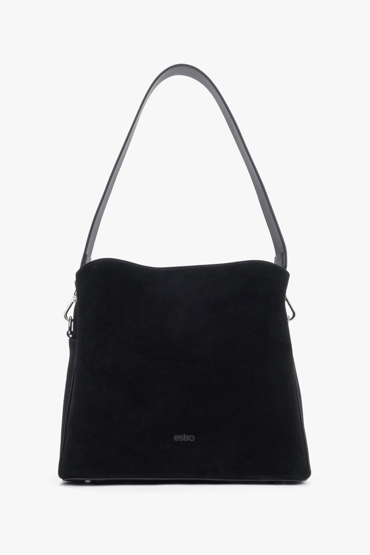 Perspektivische Seitenansicht der schwarzen Damen-Schultertasche zur Veranschaulichung der Tiefe