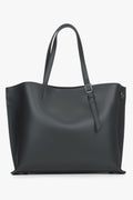 Flache Frontansicht der schwarzen Damen-Shopper-Tasche aus Echtleder 