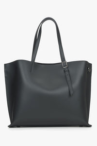 Flache Frontansicht der schwarzen Damen-Shopper-Tasche aus Echtleder 