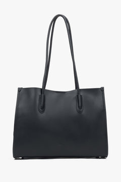 Frontale Ansicht der geräumigen schwarzen Damen-Shopper-Tasche aus Echtleder mit langen Henkeln
