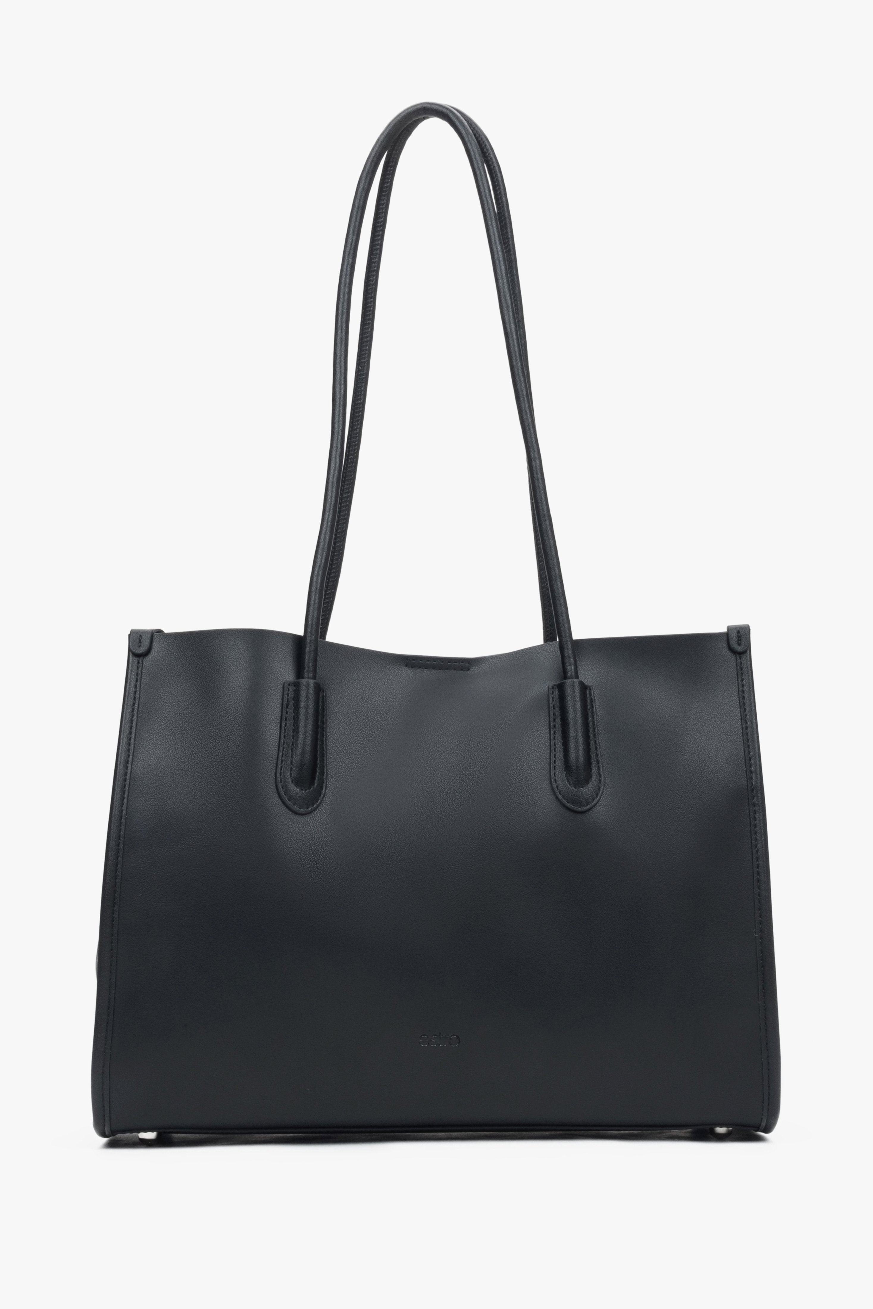 Frontale Ansicht der geräumigen schwarzen Damen-Shopper-Tasche aus Echtleder mit langen Henkeln