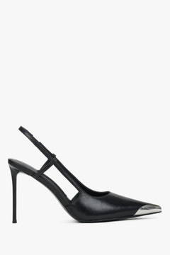 Schwarzer Damen-Slingpumps aus Leder in seitlicher Ansicht mit hohem Absatz