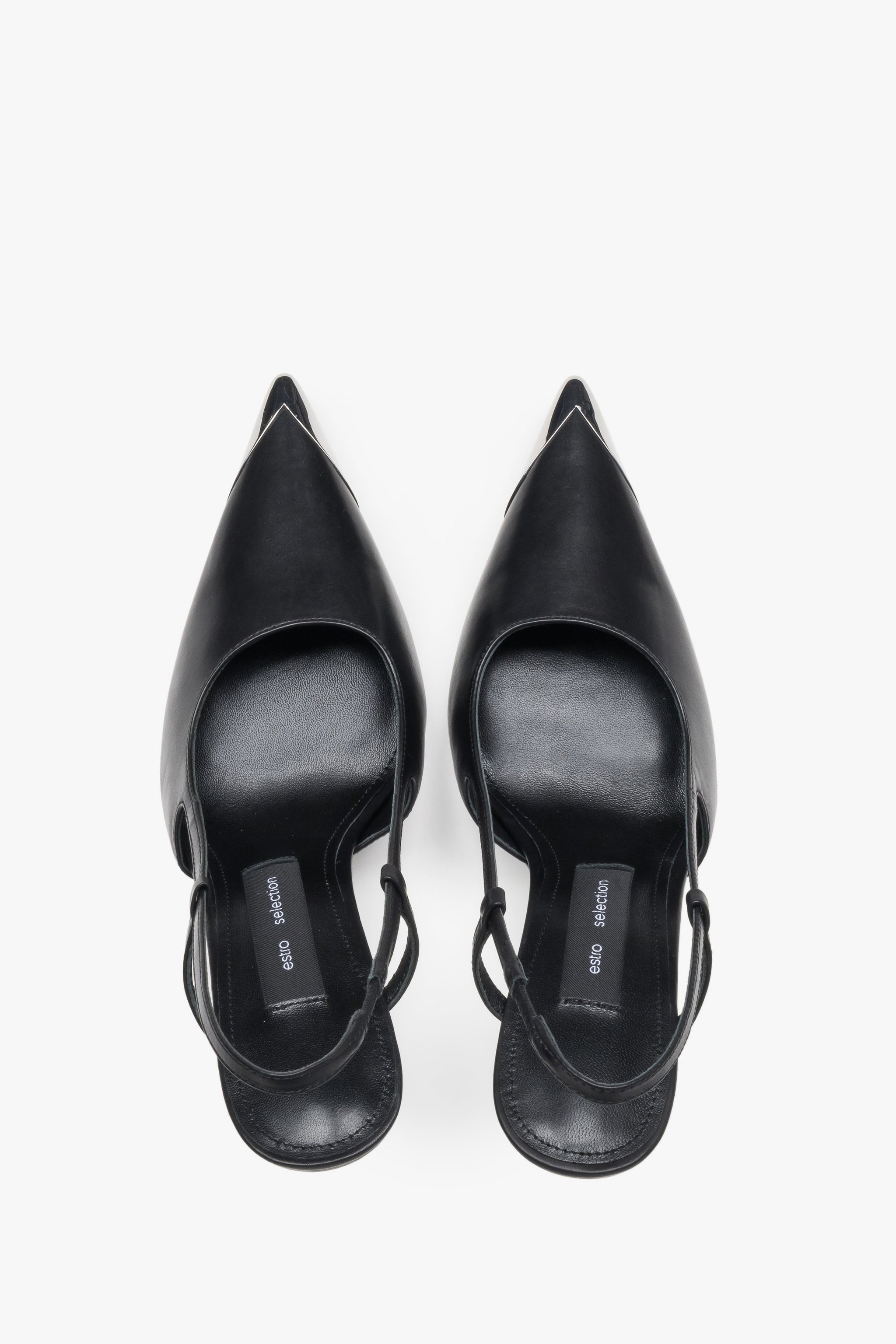 Schwarze Damen-Slingpumps von oben als Paar mit offener Ferse