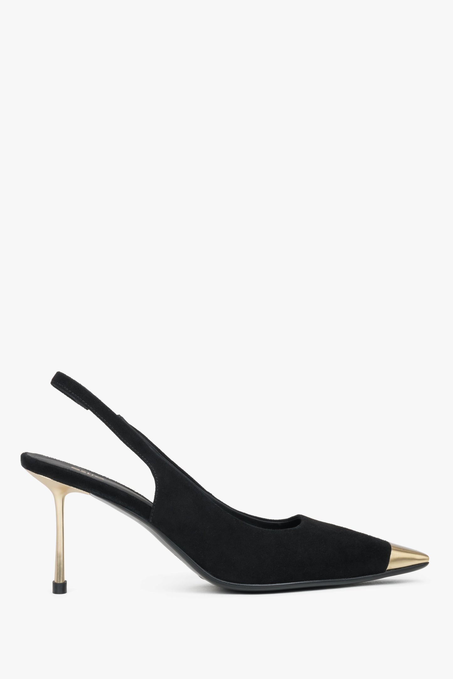 Schwarzer Damen-Slingpumps aus Velours in seitlicher Ansicht mit goldfarbenem Absatz