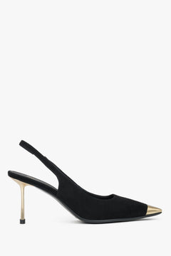 Schwarzer Damen-Slingpumps aus Velours in seitlicher Ansicht mit goldfarbenem Absatz