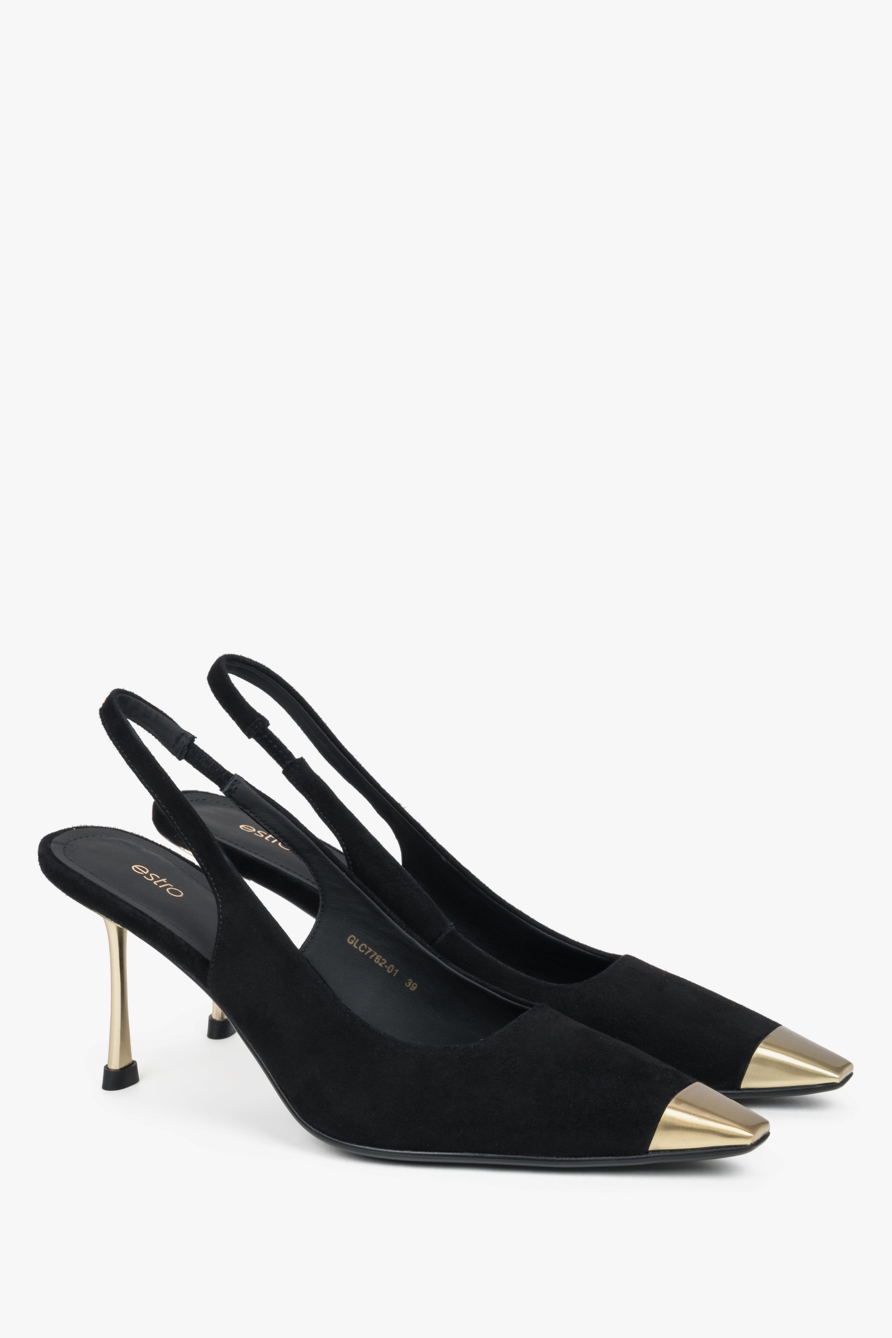 Schwarze Damen-Slingpumps aus echtem Velours in schräger Seitenansicht mit goldfarbener Spitze