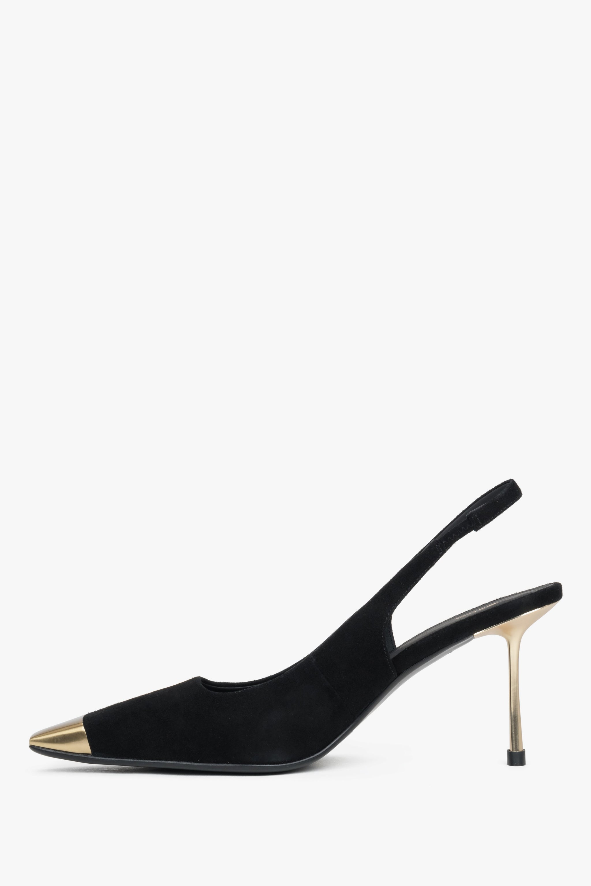 Schwarzer Damen-Slingpumps aus echtem Velours in seitlicher Profilansicht mit Stilettoabsatz