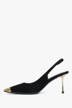 Schwarzer Damen-Slingpumps aus echtem Velours in seitlicher Profilansicht mit Stilettoabsatz