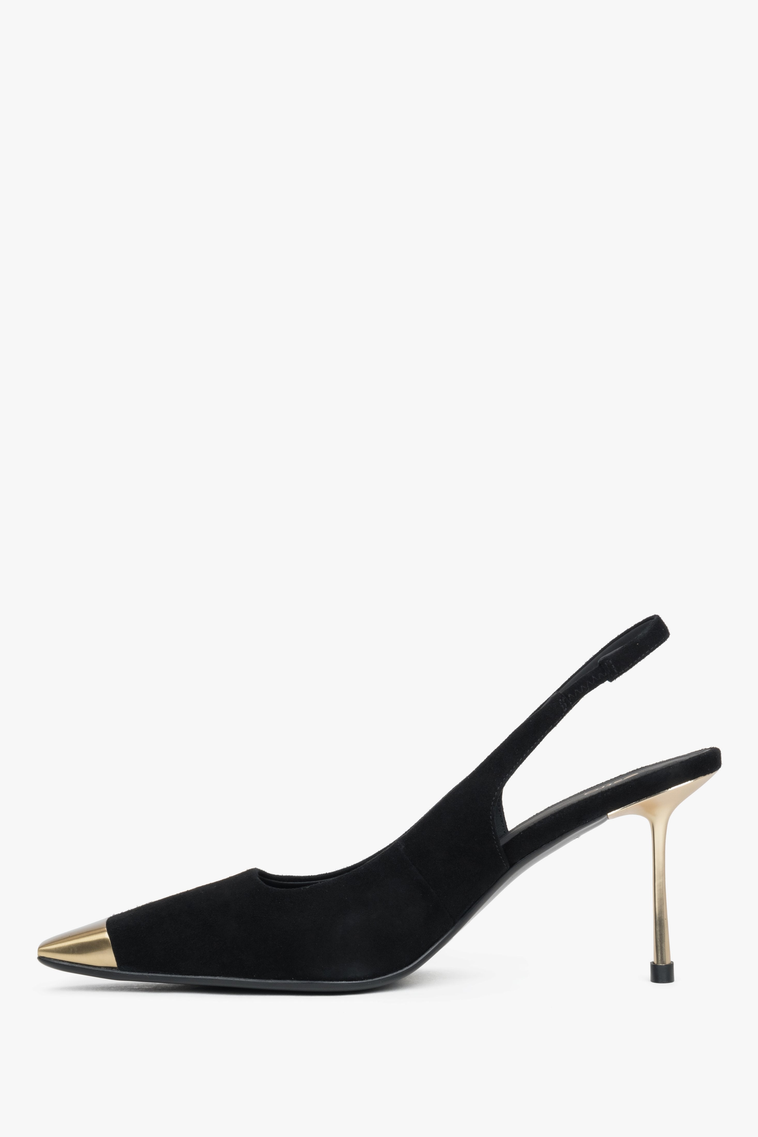 Schwarzer Damen-Slingpumps aus echtem Velours in seitlicher Profilansicht mit Stilettoabsatz