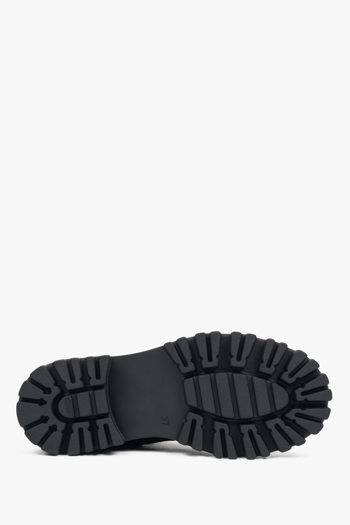 Hohe schwarze Combat-Boots aus italienischem Velours von Estro – Nahaufnahme der Sohle.