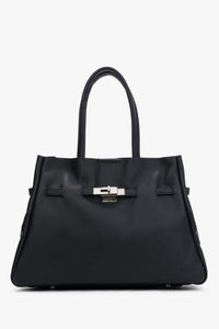 Direkte Frontalansicht der strukturierten schwarzen Damen Tote-Bag aus Premium-Echtleder