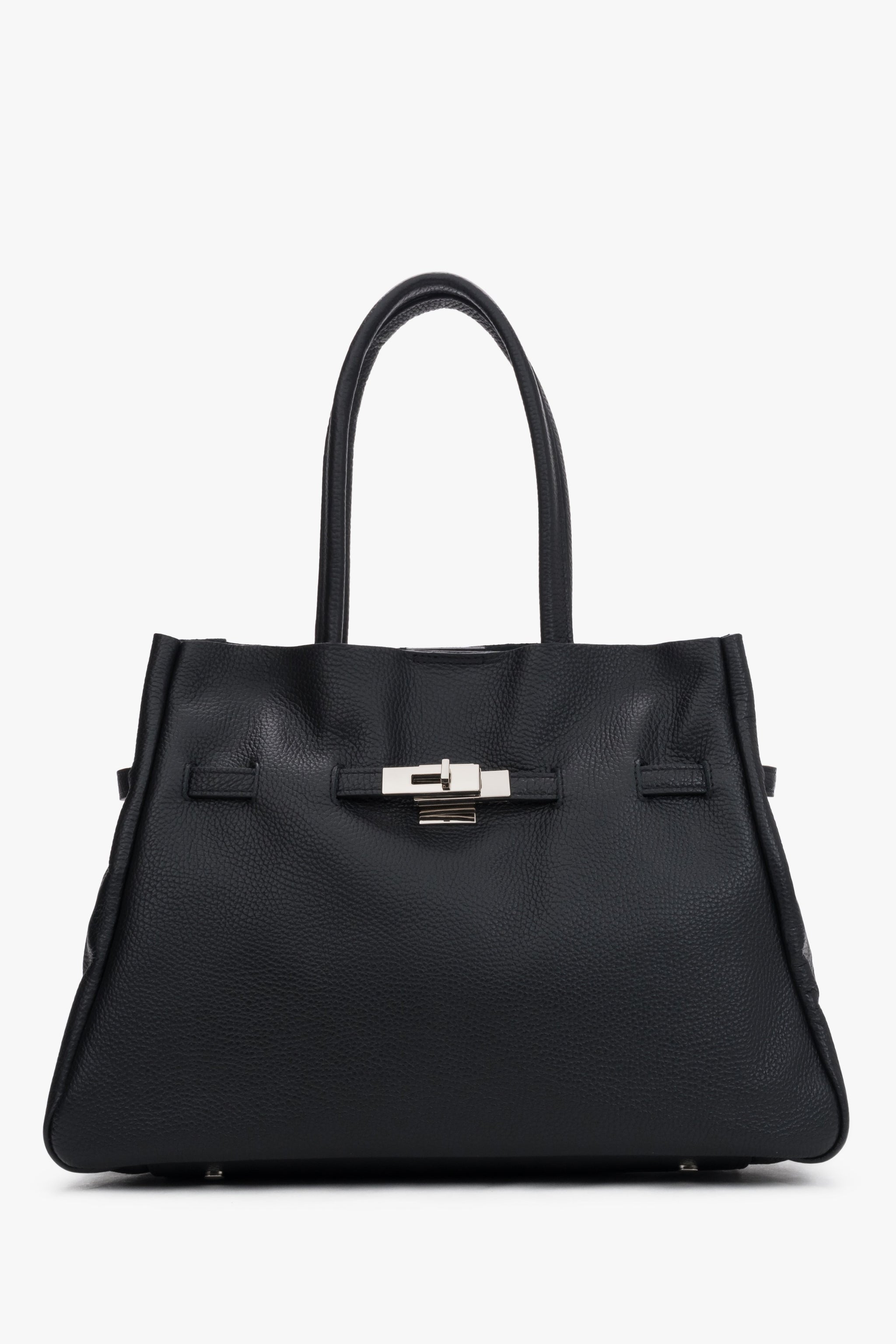 Direkte Frontalansicht der strukturierten schwarzen Damen Tote-Bag aus Premium-Echtleder