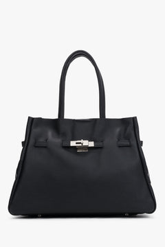 Direkte Frontalansicht der strukturierten schwarzen Damen Tote-Bag aus Premium-Echtleder