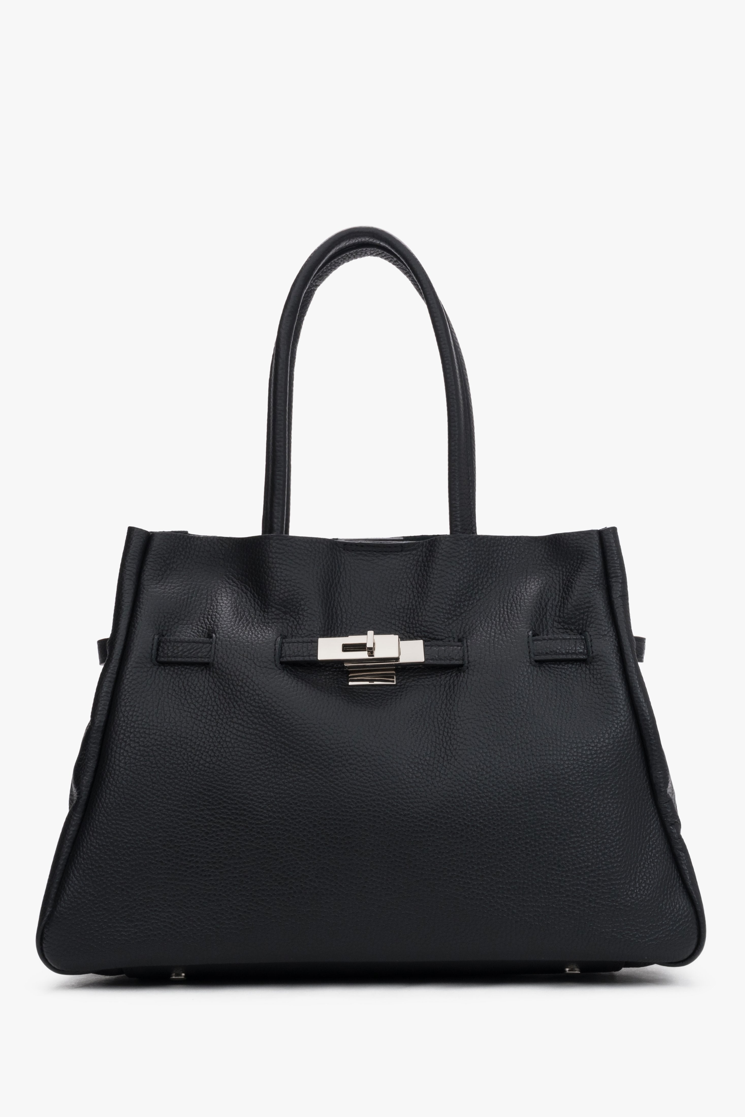 Direkte Frontalansicht der strukturierten schwarzen Damen Tote-Bag aus Premium-Echtleder