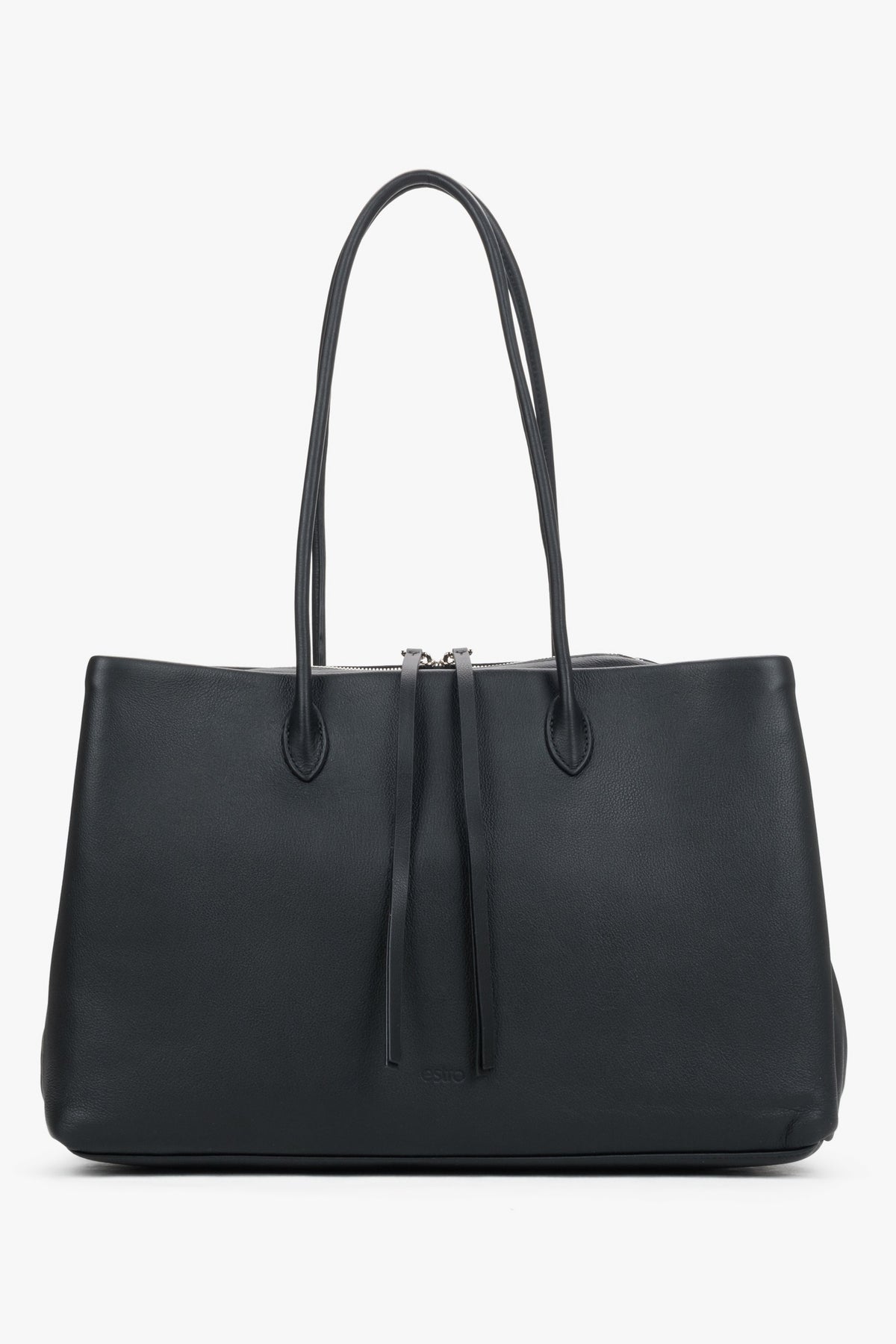 Frontalansicht der eleganten, minimalistischen Silhouette der schwarzen Damen-Tote-Bag