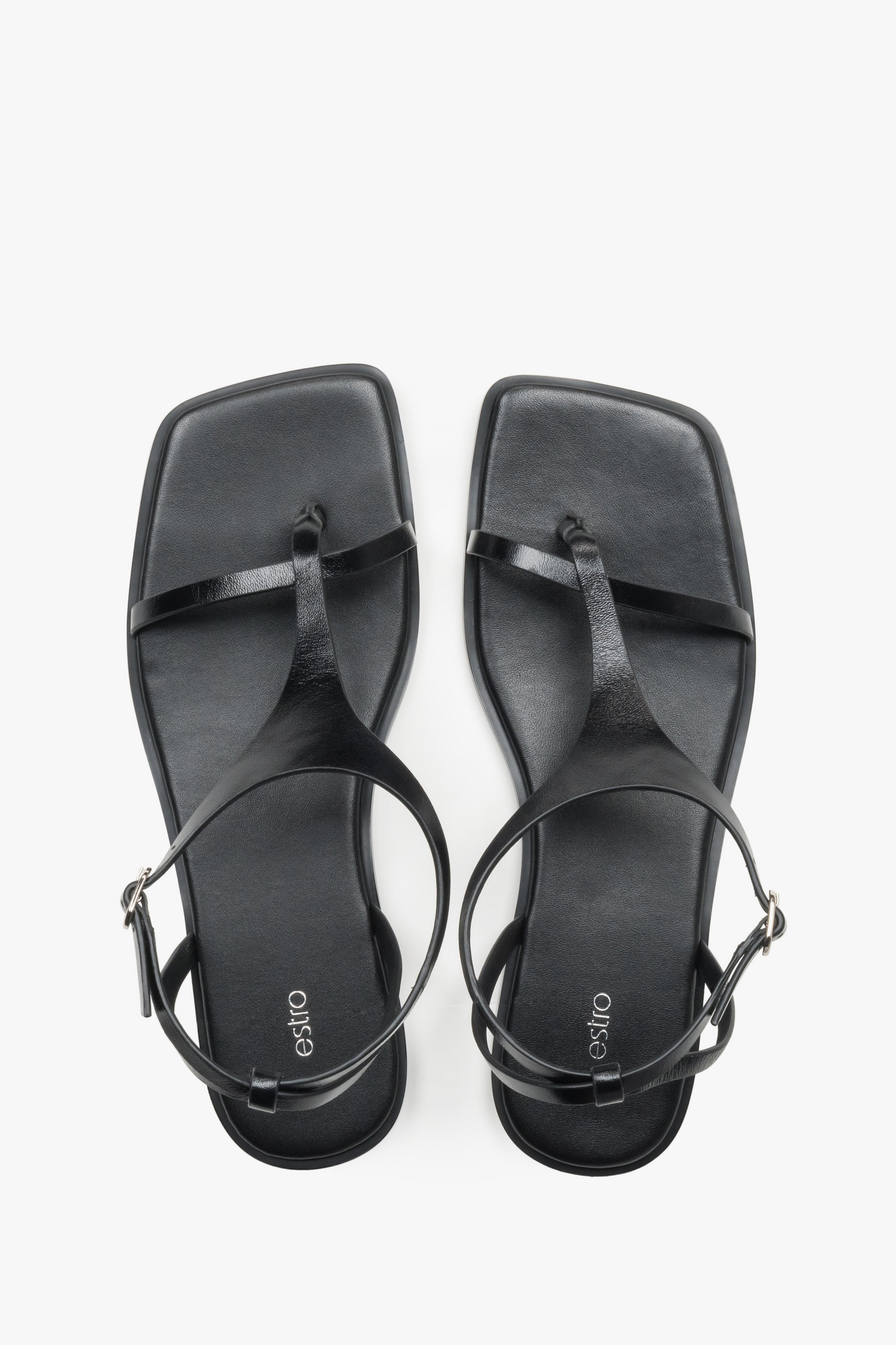 Schwarze Damen-Sandalen aus Leder von oben als Paar