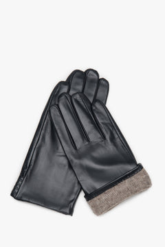 Überlappende schwarze Herren-Lederhandschuhe mit sichtbarem, wärmendem Wollfutter am Bündchen