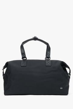 Frontale Ansicht der schwarzen Herren-Reisetasche aus strapazierfähigem Textil mit Ledergriffen