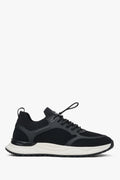 Flache Seitenansicht der schwarzen Herren-Sneaker aus Textil und atmungsaktivem Mesh.