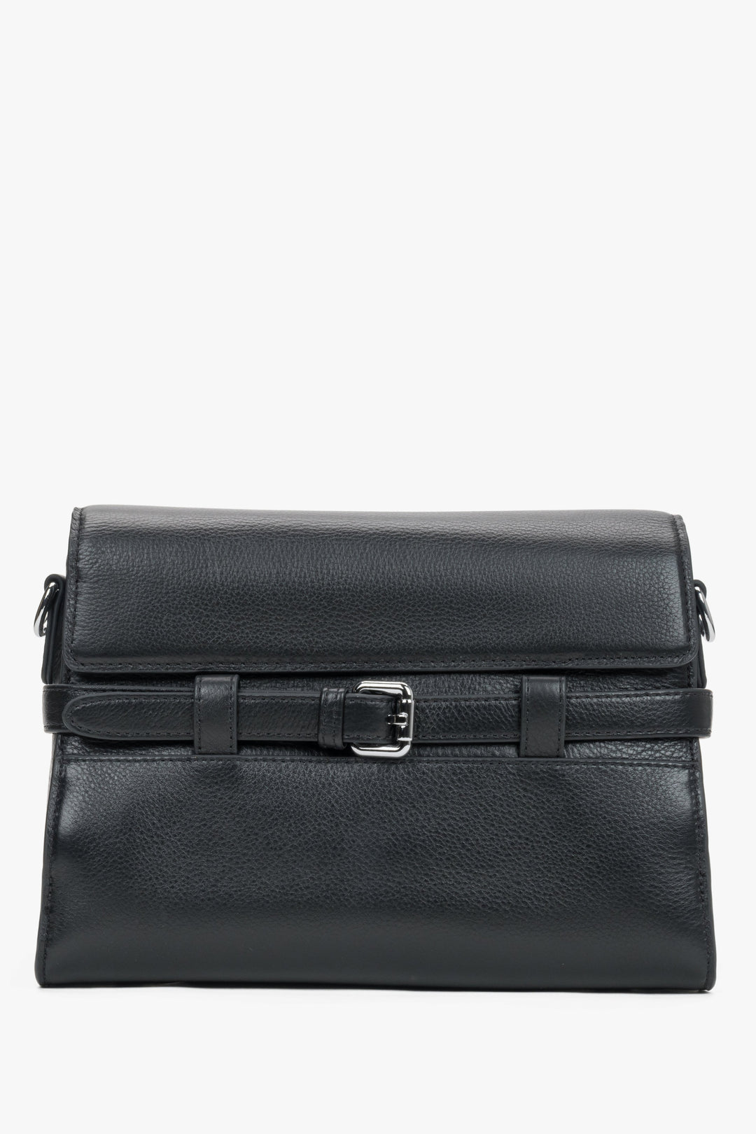Schwarze kleine Damen-Schultertasche aus echtem Leder mit dekorativer Schnalle in Frontalansicht