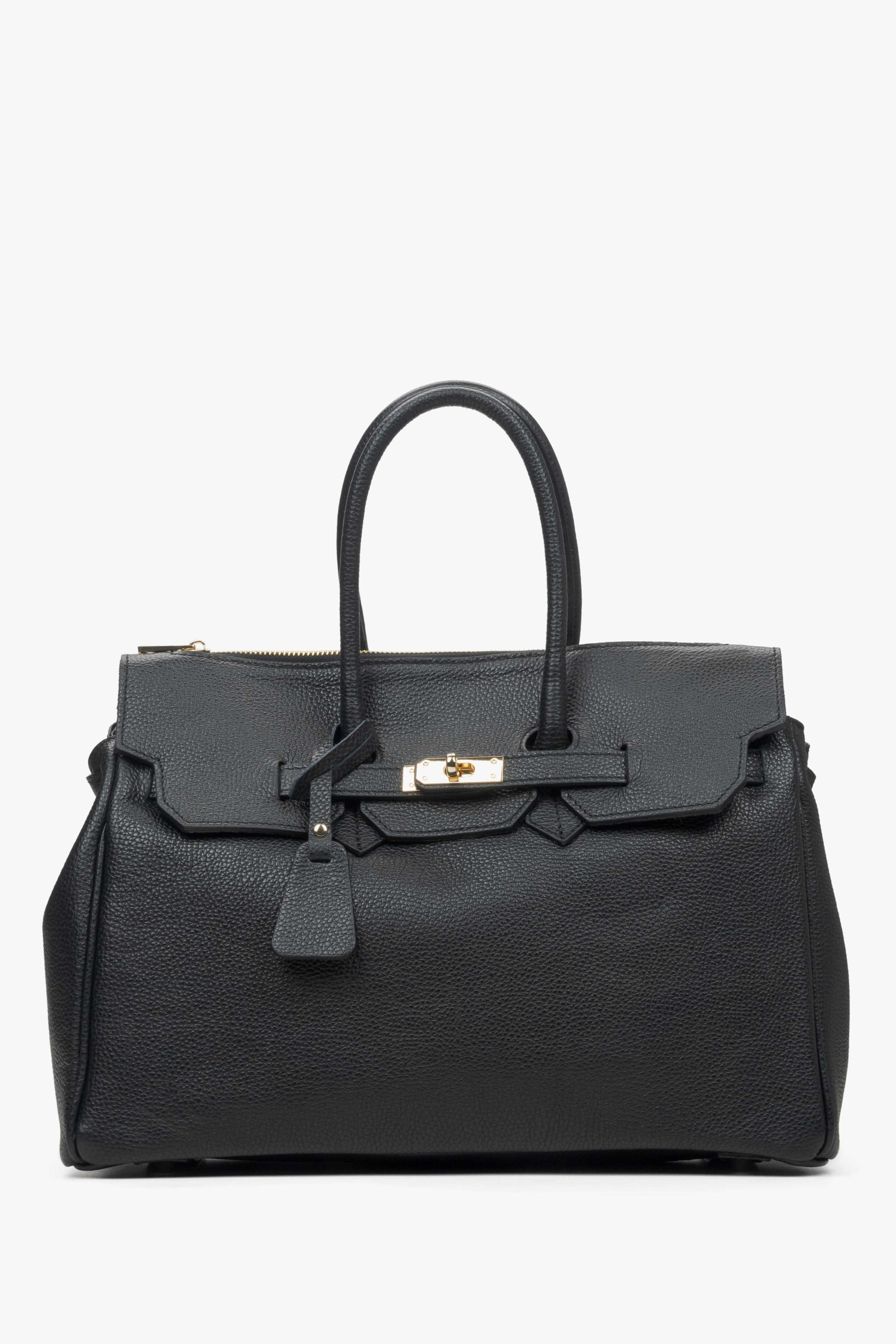 Schwarze Damen-Henkeltasche aus hochwertigem italienischem Echtleder von Estro.