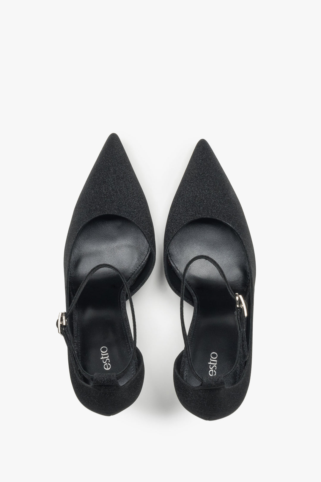 Hochwertige schwarze Lederschuhe mit hohem Absatz i dekorativem Element. 