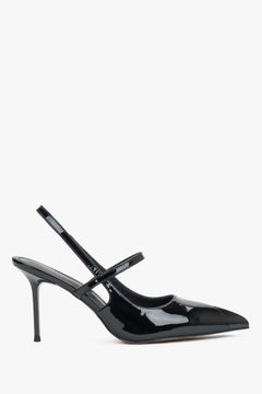 Schwarze Lackleder-Pumps mit Stilettoabsatz und stabilisierendem Riemen