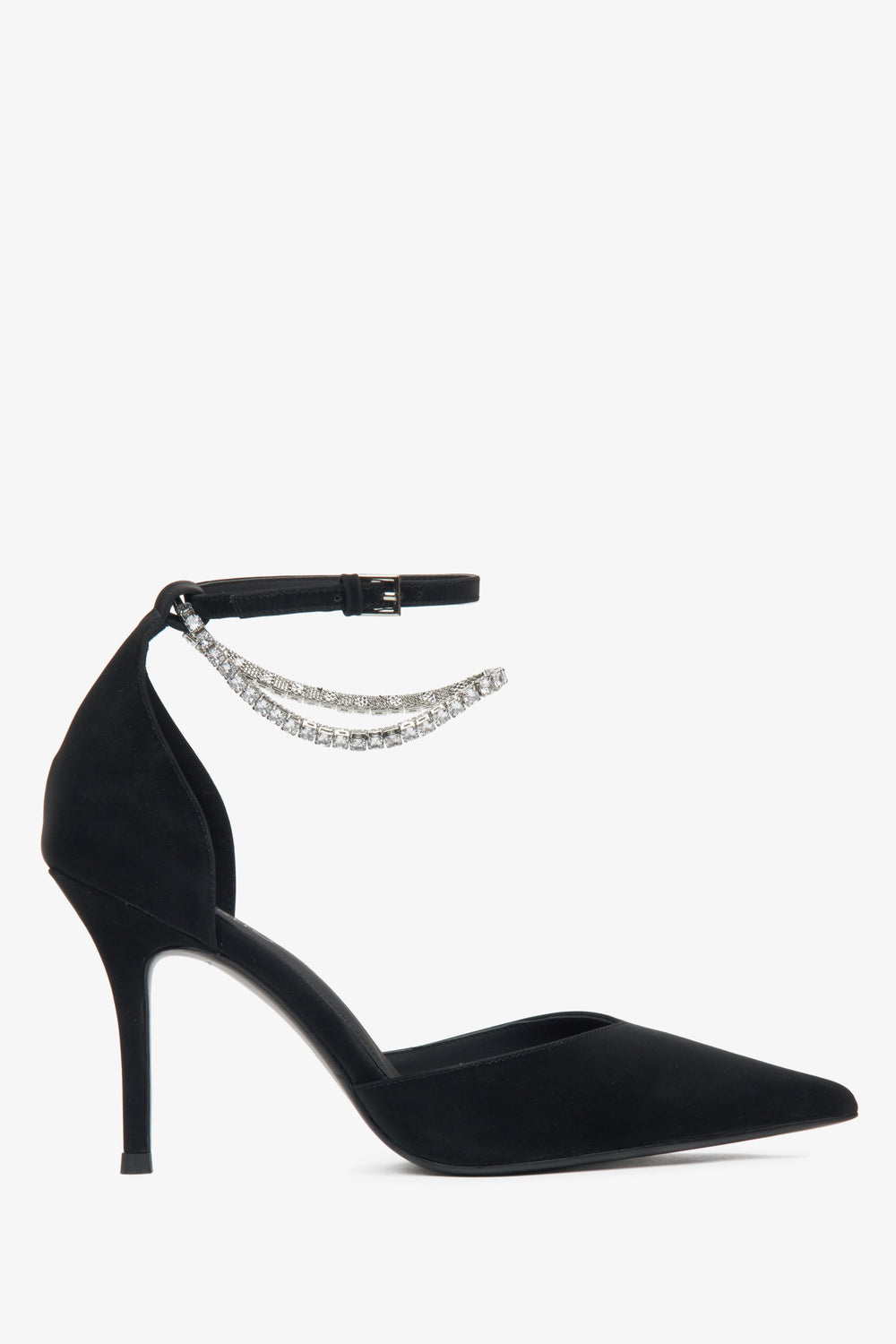 Schwarze spitze Damen-Pumps aus strukturiertem Leder mit Kristallen Estro ER00115849.