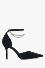 Schwarze spitze Damen-Pumps aus strukturiertem Leder mit Kristallen Estro ER00115849.
