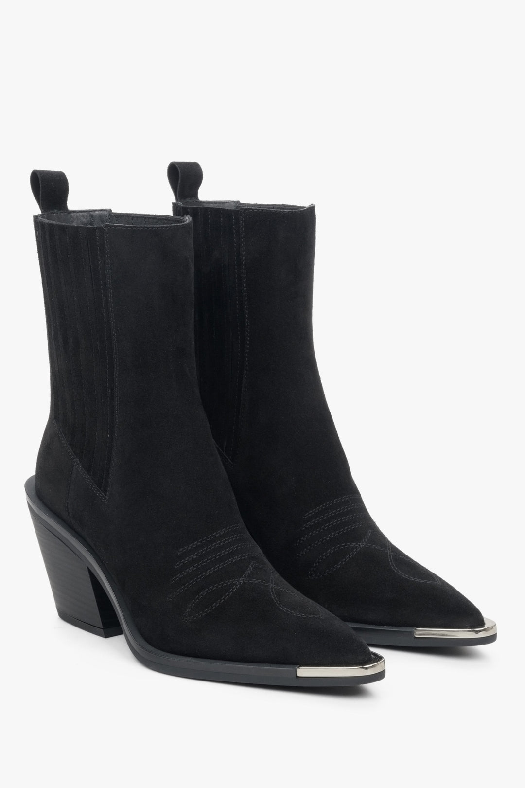 Hochhackige Damen-Cowboystiefel aus echtem italienischem Veloursleder in Schwarz.
