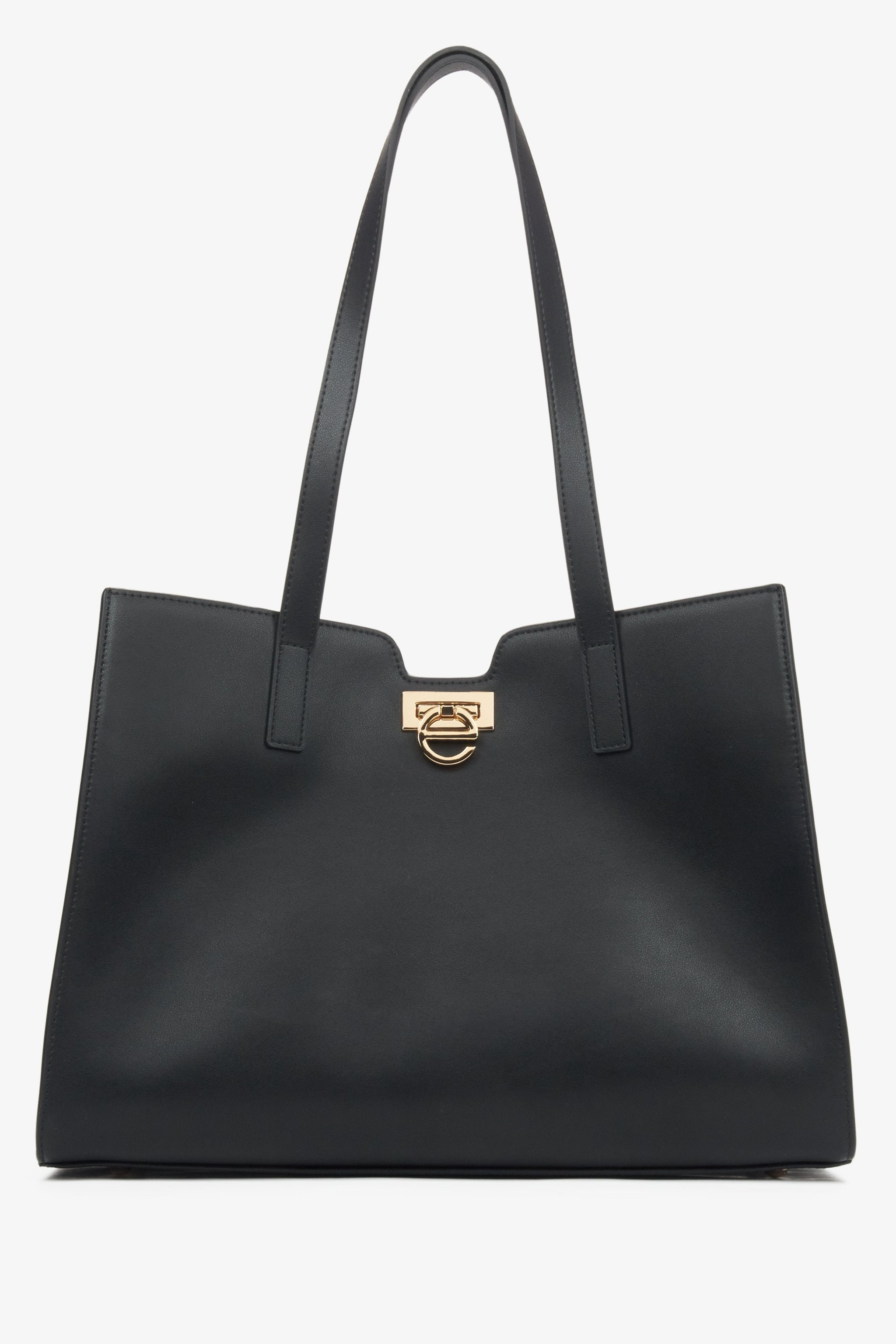 Schwarzer Damen-Shopper aus echtem Leder mit edlen Golddetails Estro ER00115797.