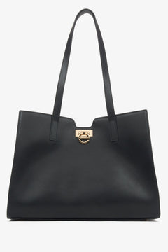 Schwarzer Damen-Shopper aus echtem Leder mit edlen Golddetails Estro ER00115797.