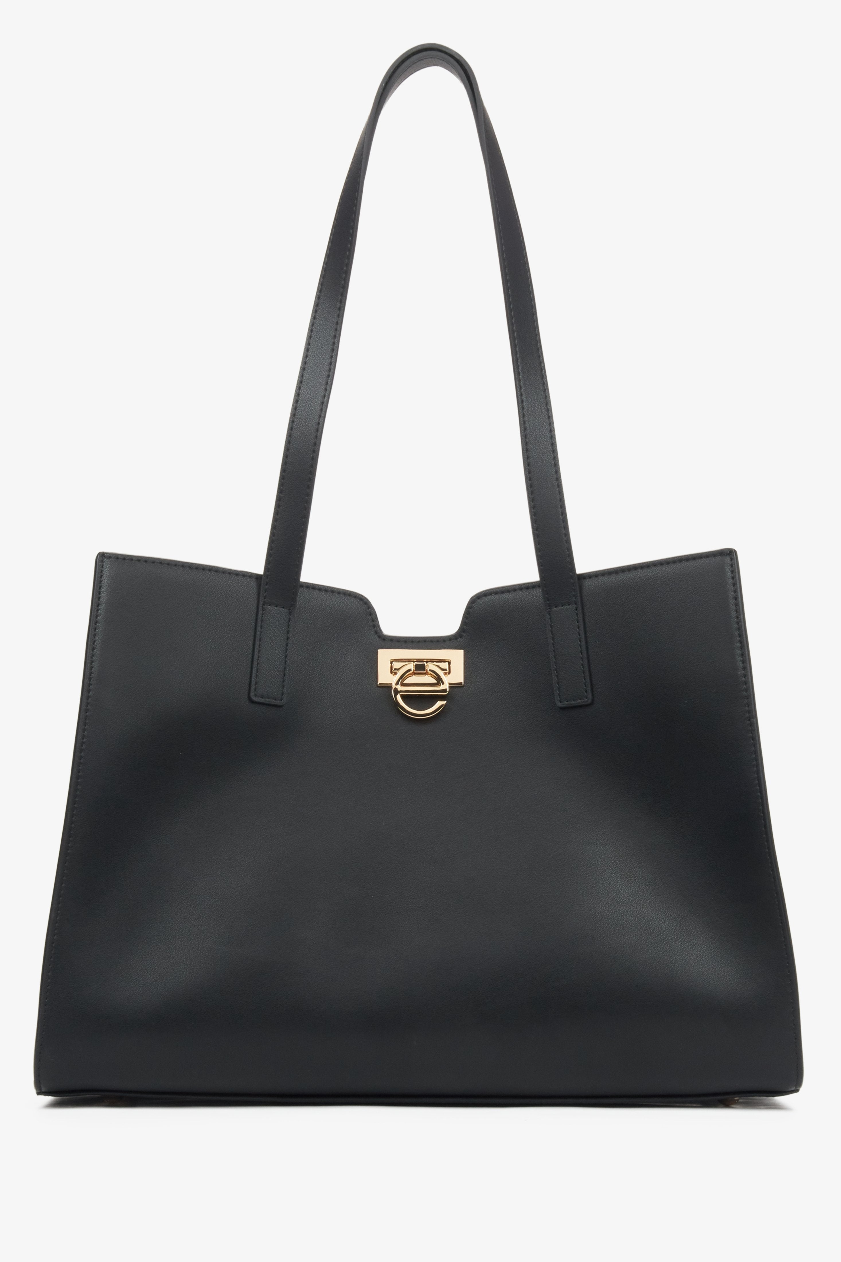 Schwarzer Damen-Shopper aus echtem Leder mit edlen Golddetails Estro ER00115797.
