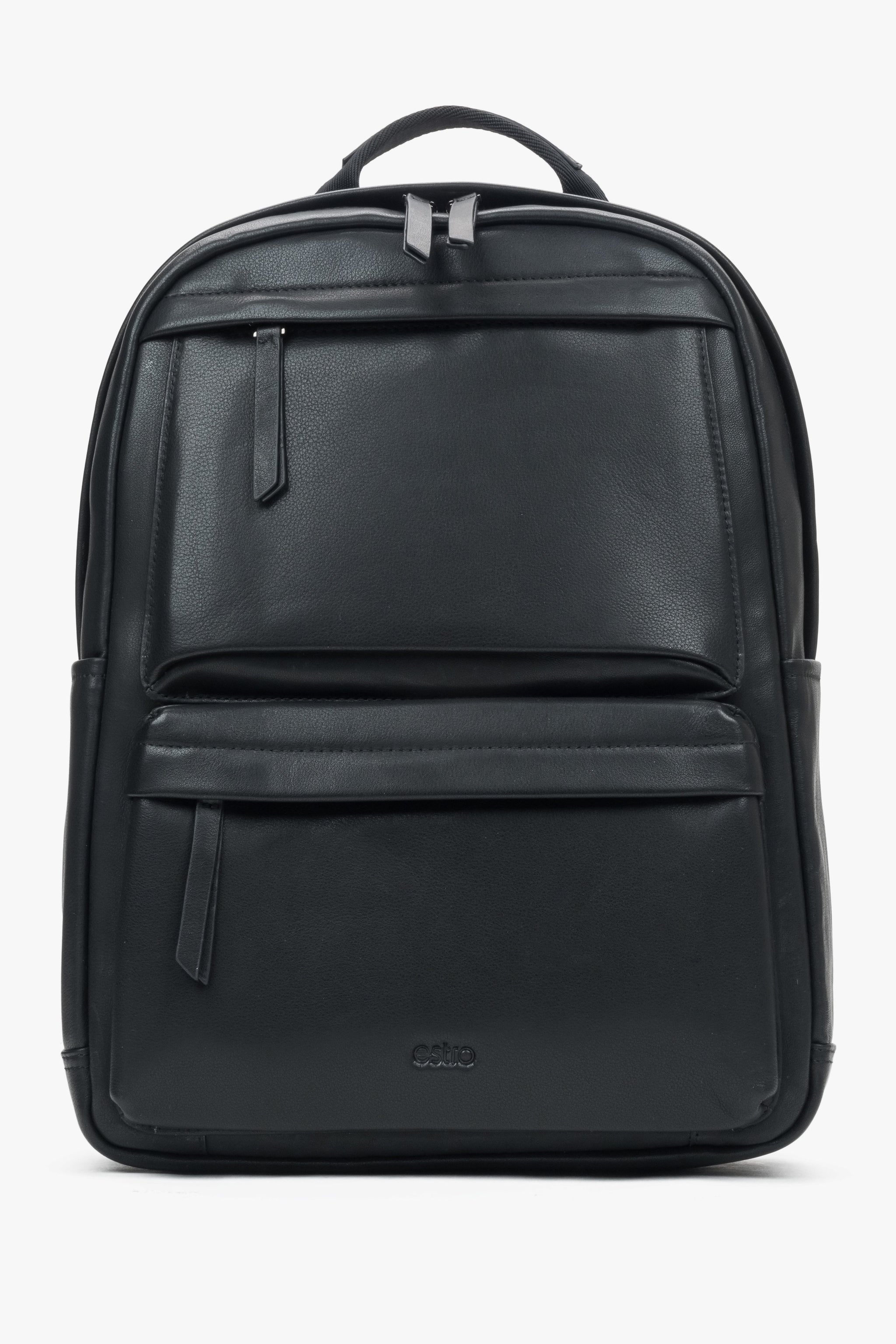 Frontale Ansicht des schwarzen Herren-City-Rucksacks aus Echtleder und Textilmaterial